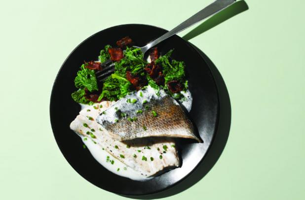 Buttermilk Poached Trout with Bacon-Spiked Greens