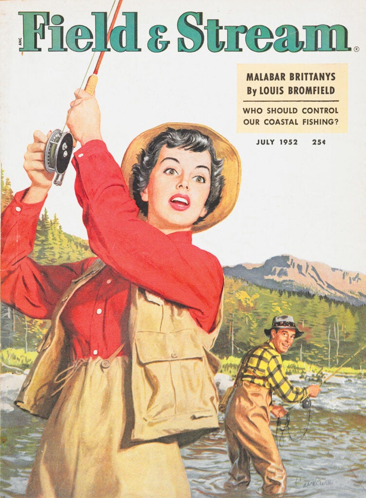 women, cover, vintage, F&S, fishing, surprise, man