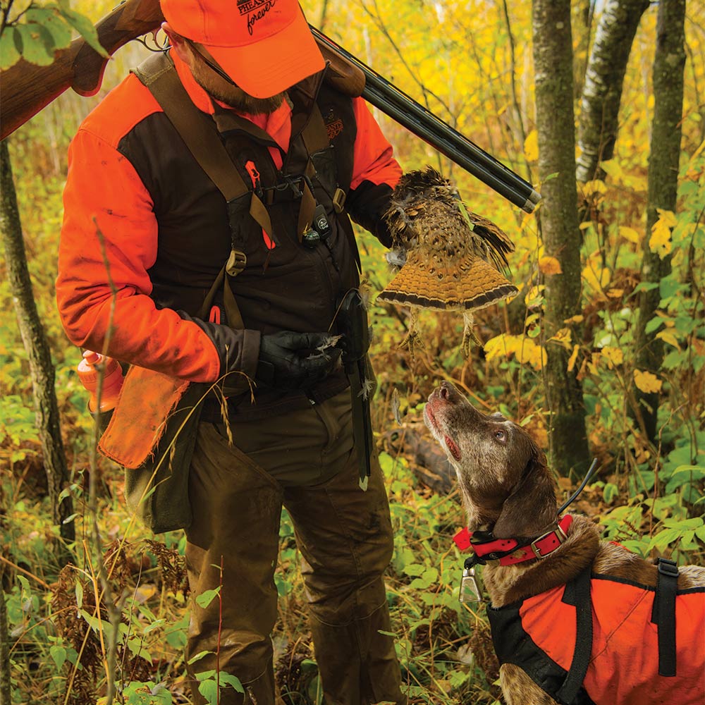 man holding grouse over hunting dog