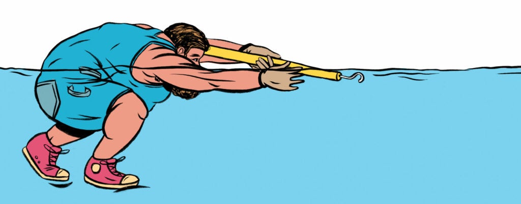 An illustration of a man with his hand underwater.