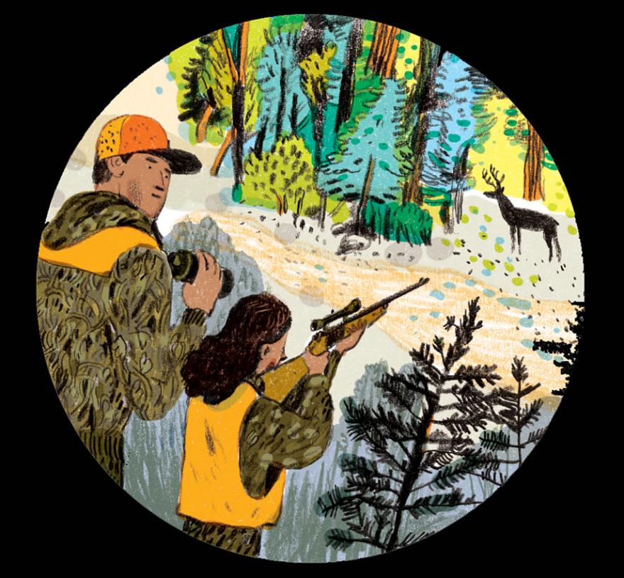 Illustration of a deer hunter aiming at a deer. 
