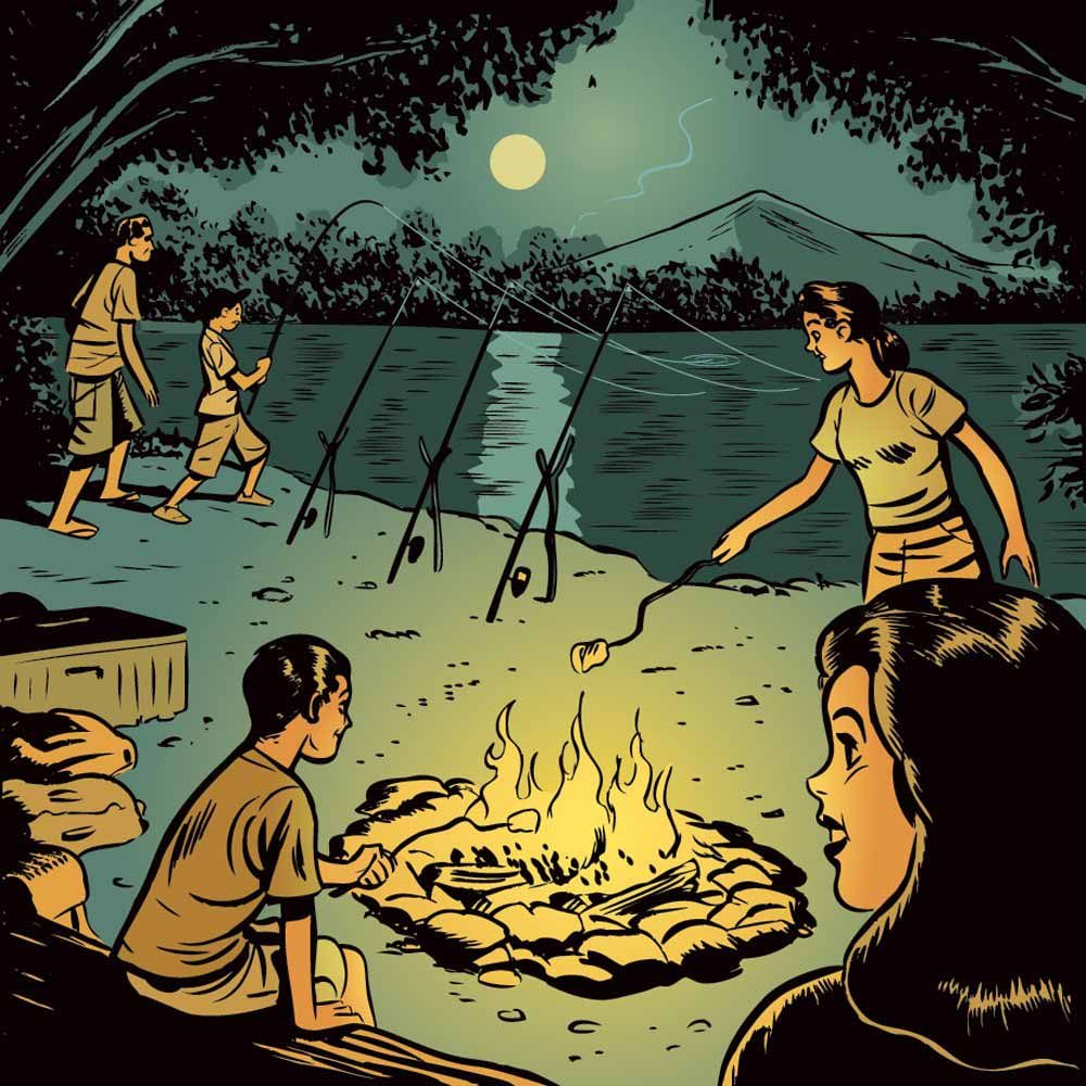 catfish camping campfire illustration