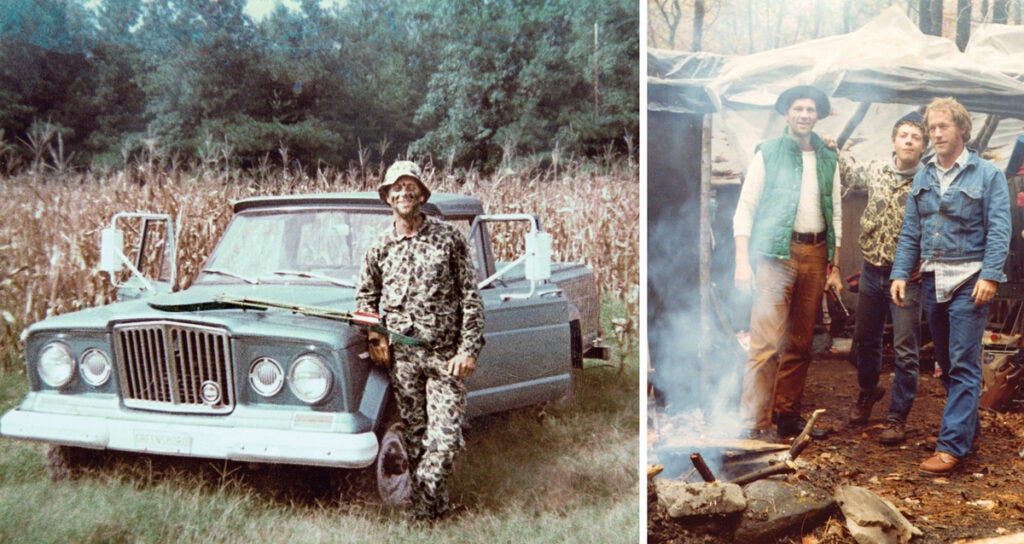Antique photos of a hunter standing next to an old truck.