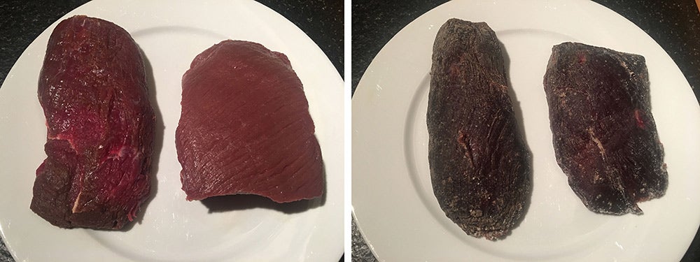 The steaks before and after the aging process