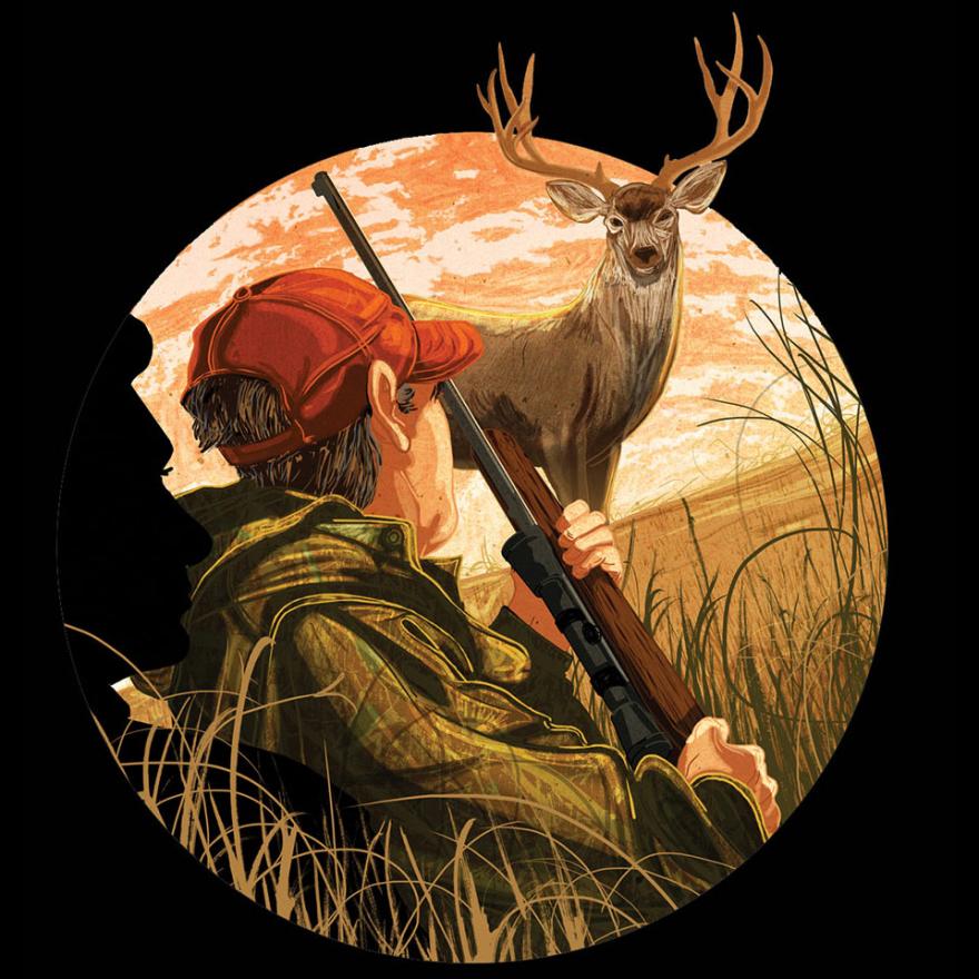 Illustration of a hunter looking at a buck deer. 