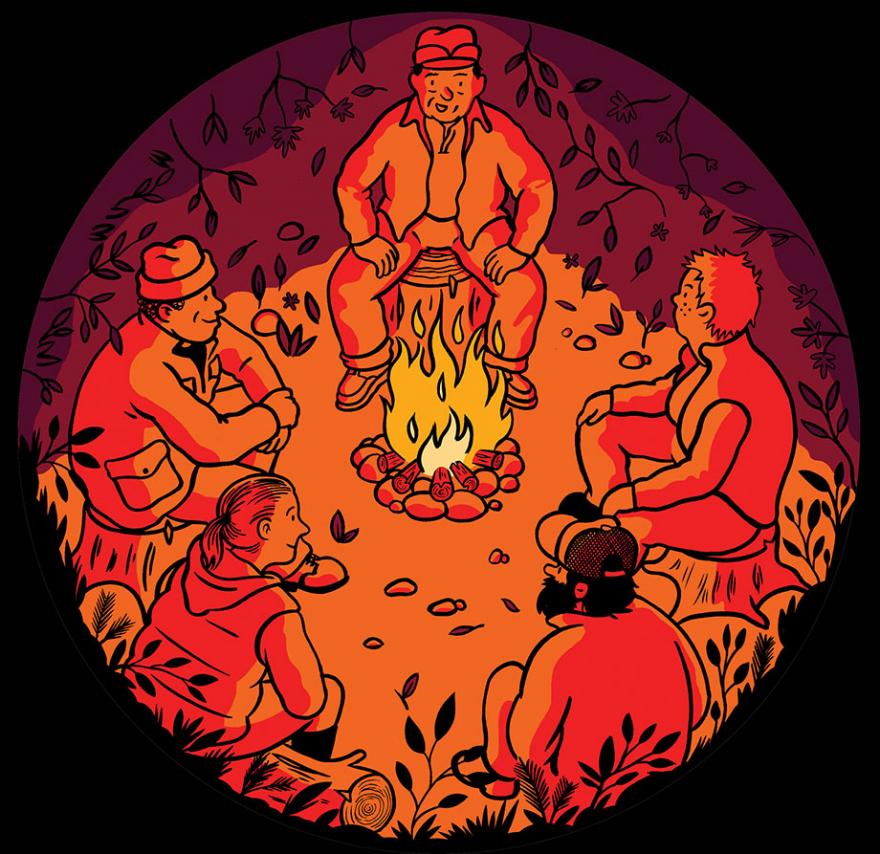 Illustration of hunters around a fire. 