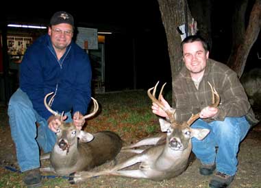 Glen Barney, right, and his father-in-law, Charles Talbot shot these two bucks 20 minutes apart from each other while hunting near Harper, Texas.