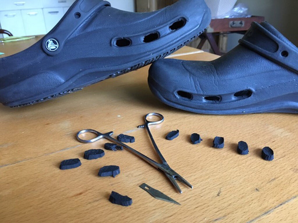 Crocs Bistro Shoes, X-Acto knife, fishing forceps,