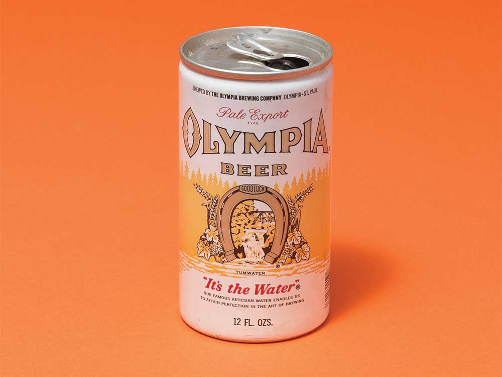 can of olympia beer on an orange background