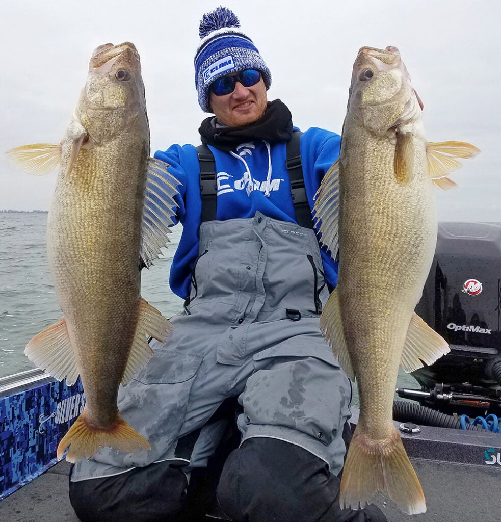 angler holding up two giant walleyes