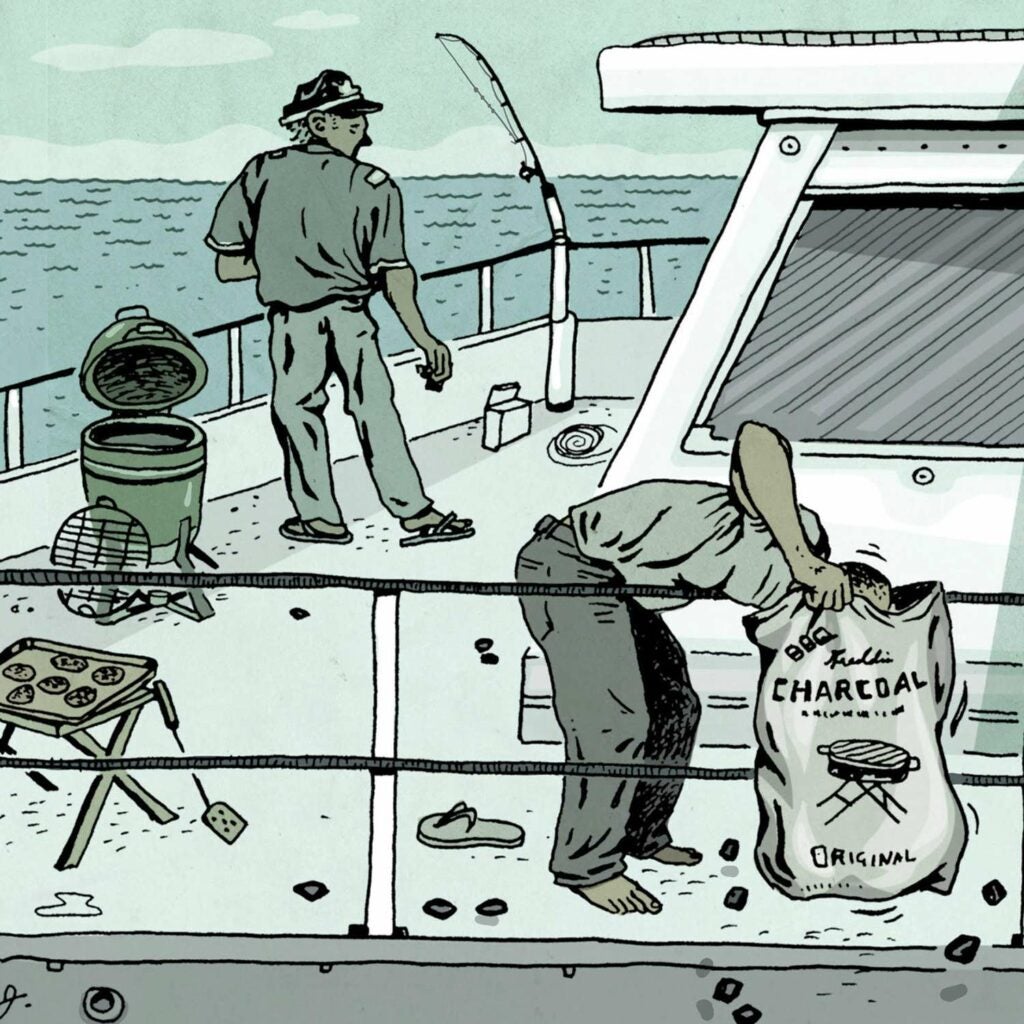illustration of charcoal and grill on a boat deck