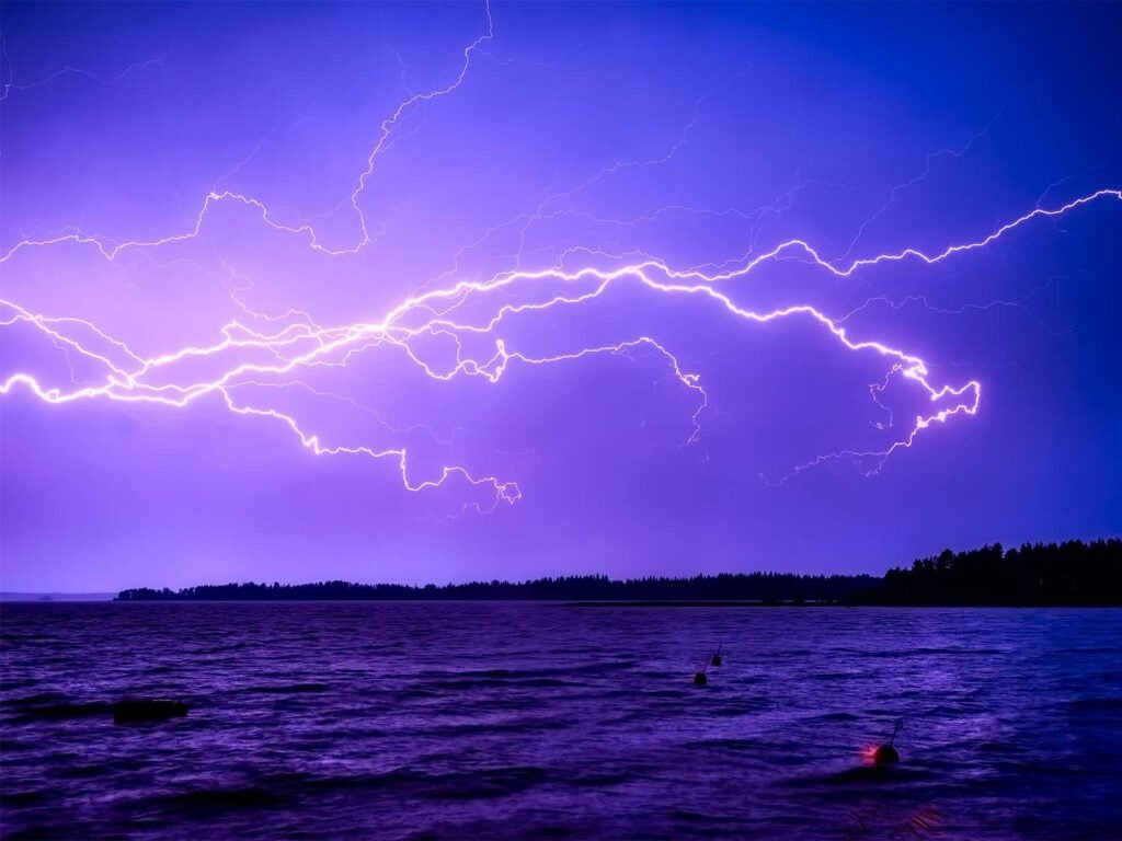a lightning strike over a large body of water