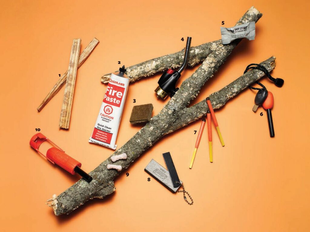 A collection of fire starting survival equipment.
