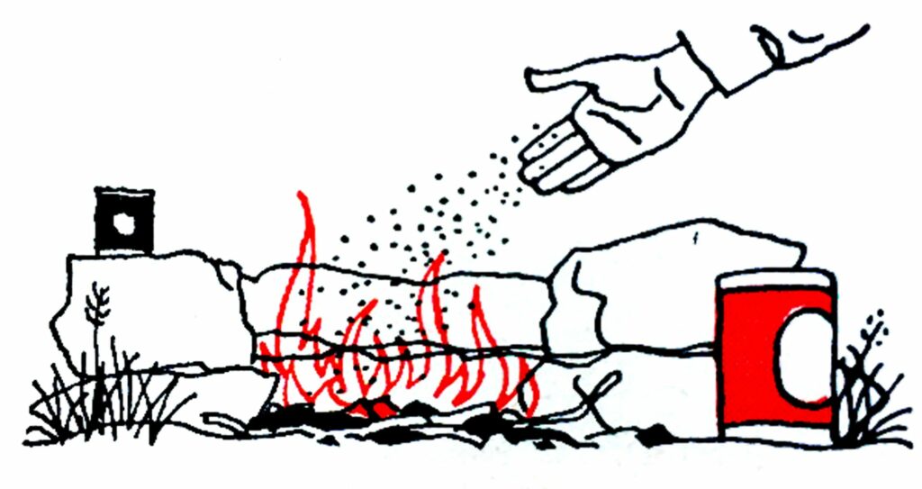 Pouring salt onto meat over a campfire.