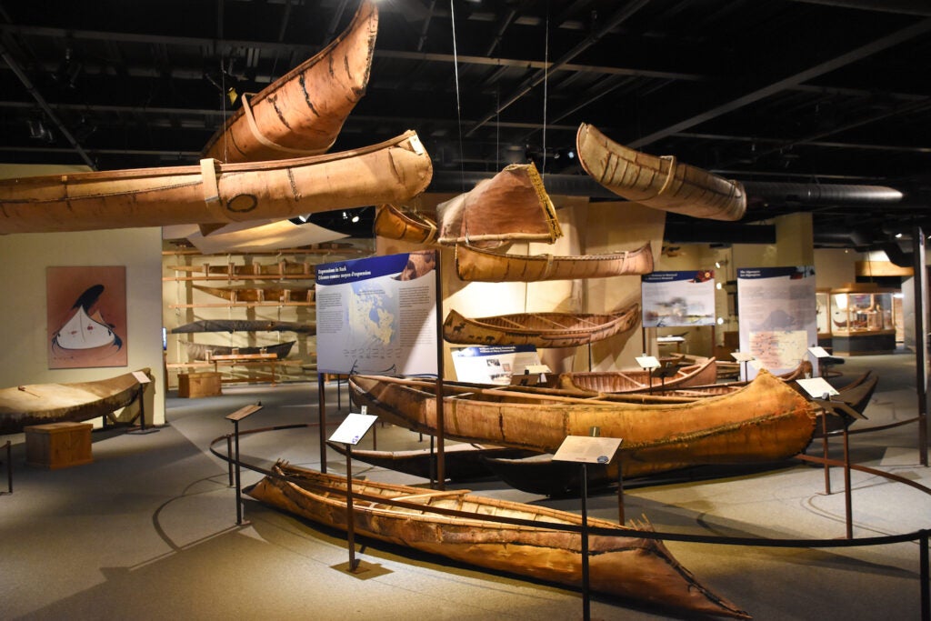 Models of traditional canoes in the Canadian Canoe Museum.