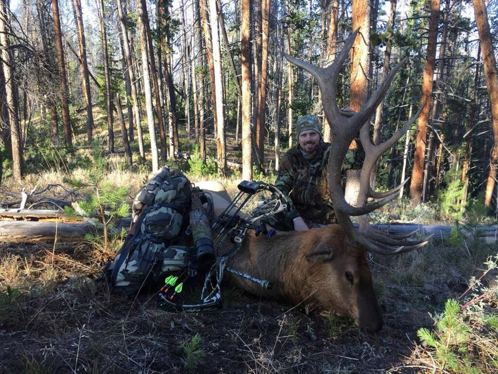 Royle Scrogham kneeling behind a bull elk