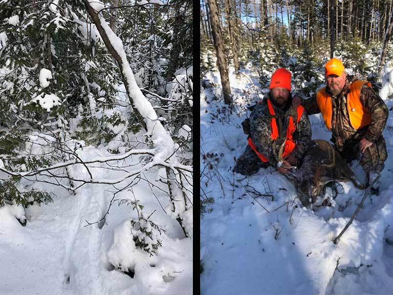 hunting guide tracking buck in snow.