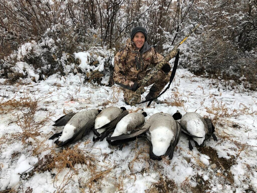 Jace Bauserman with a limit of late-season Canada geese.