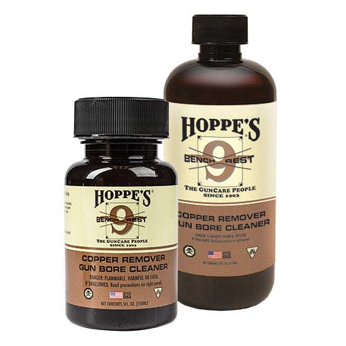 Use Hoppe’s No. 9 Benchrest Copper Bore Cleaner for .25 caliber and smaller bores.