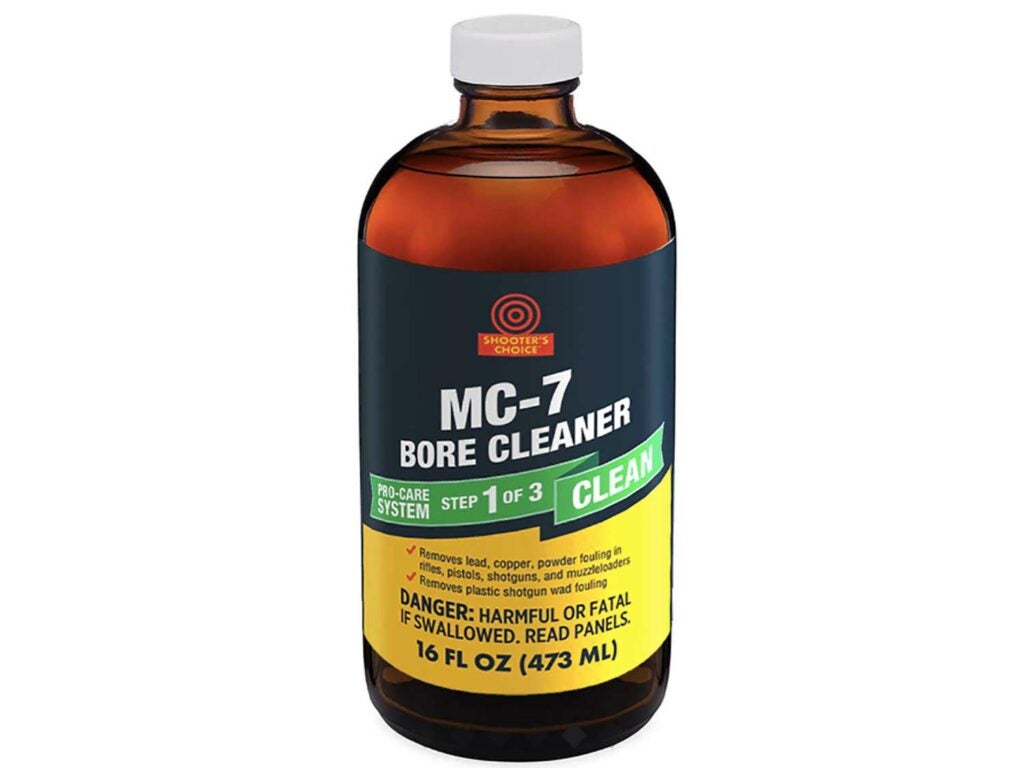 The author uses Shooter’ Choice MC#7 Bore Cleaner to remove powder fouling.