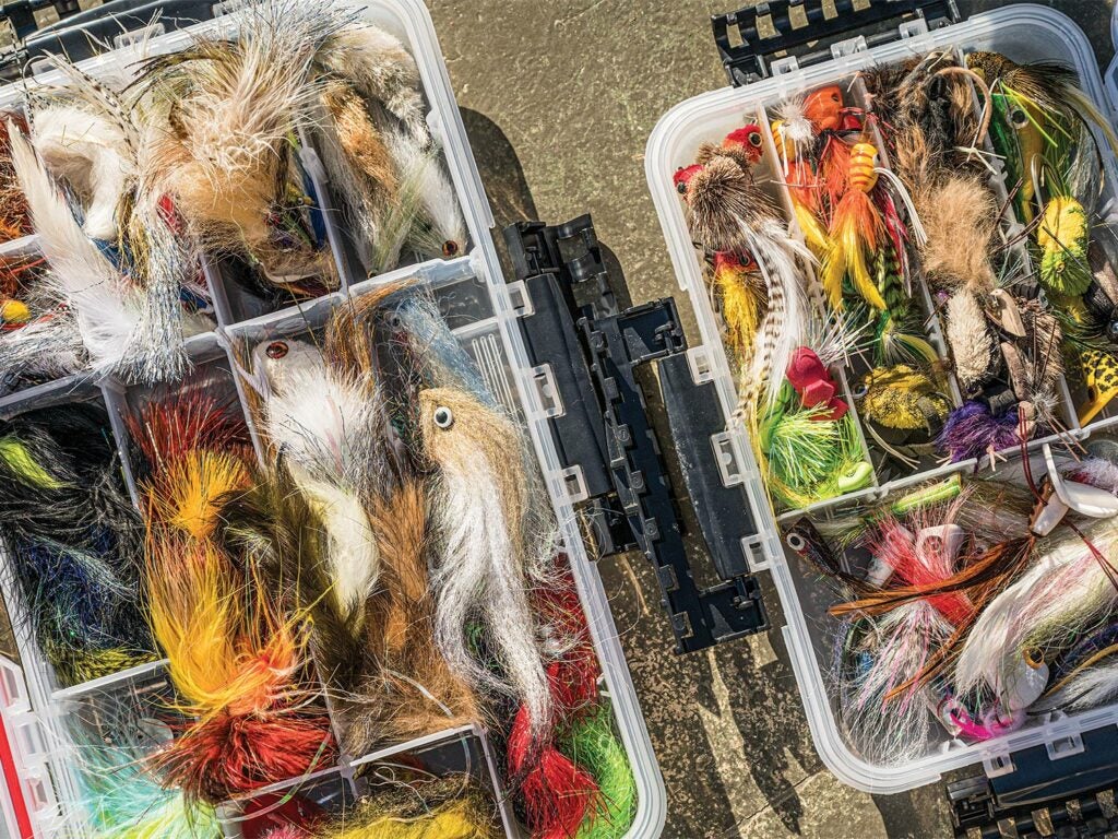 A large tackle box full of fly lures.