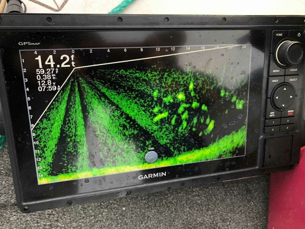The Garmen LiveScope is one of two sonar unites Green relies on to get him on fish-holding structure.