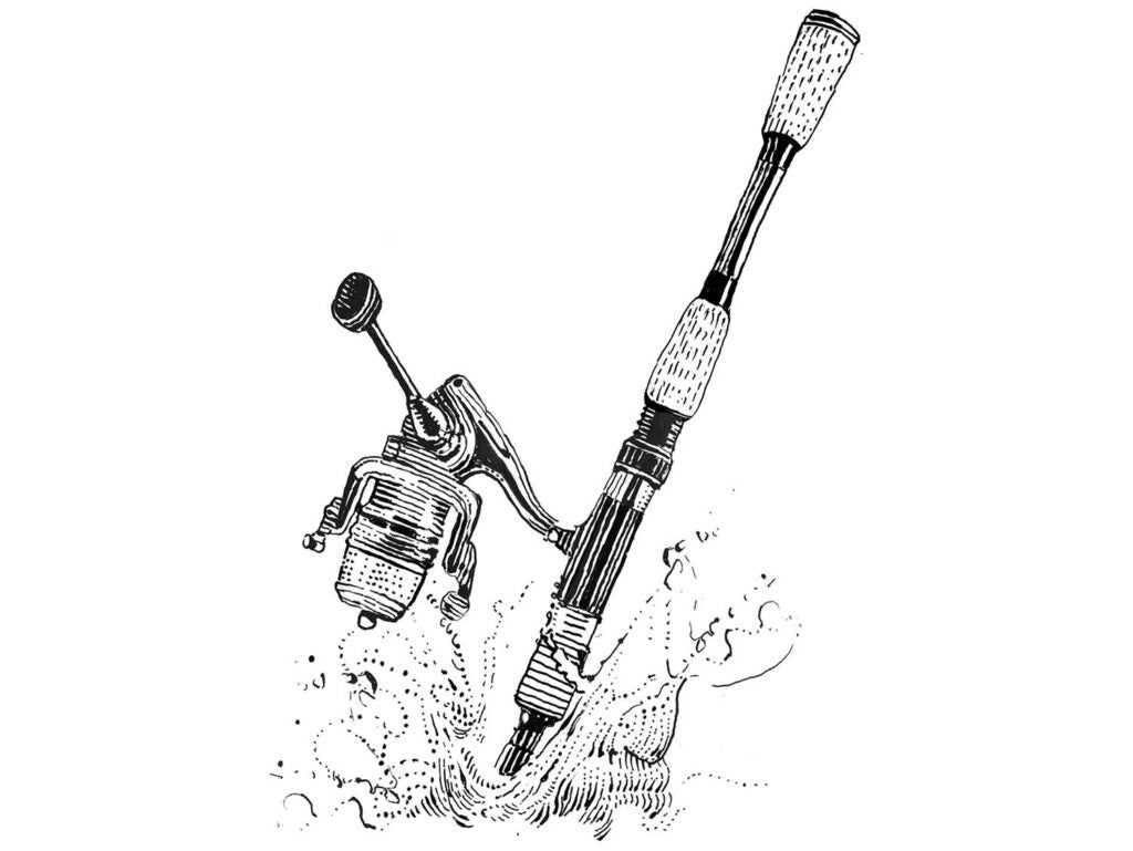 Illustration of a fishing rod and reel.