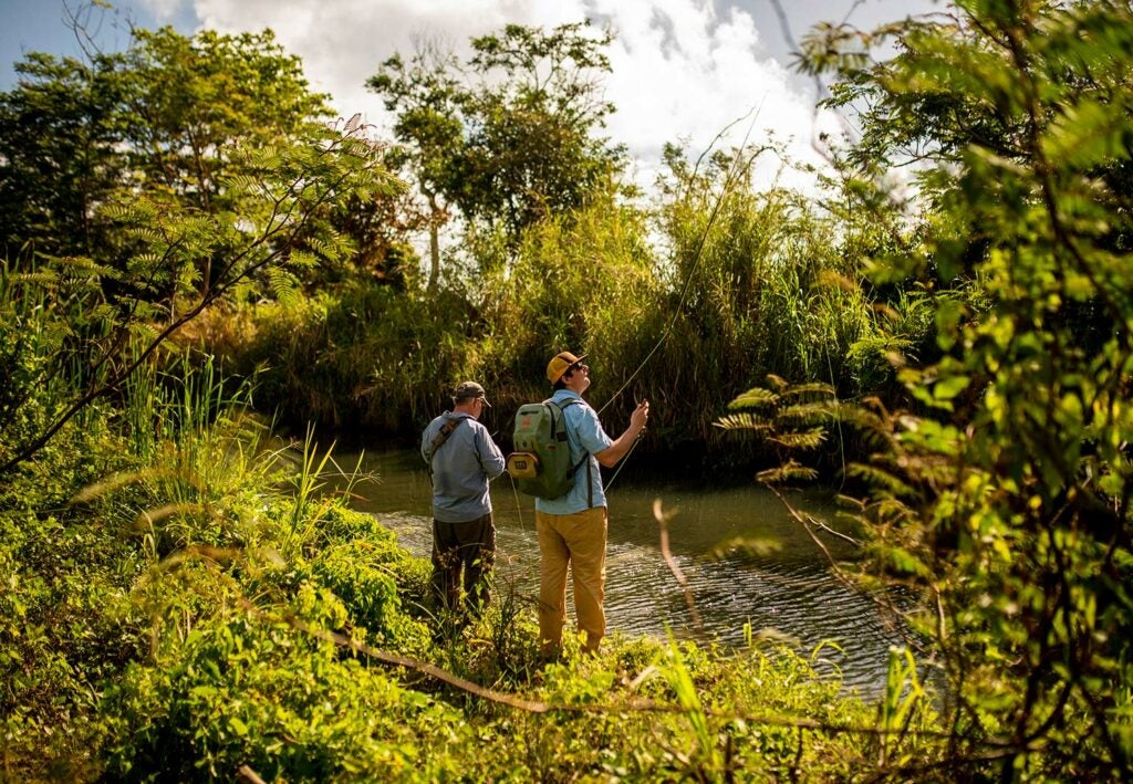 Two anglers standing on a river side.