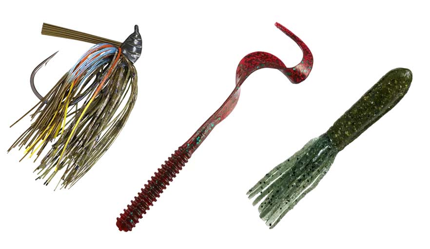 A trio of bass fishing lures.