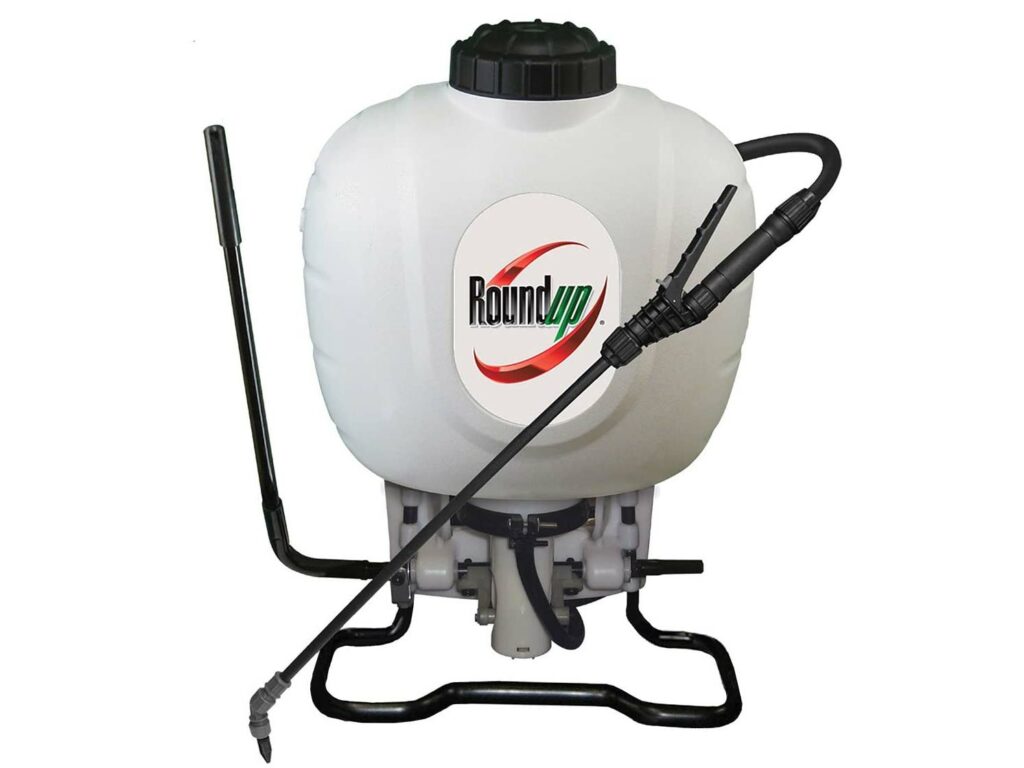 A RoundUp backpack herbicide sprayer.