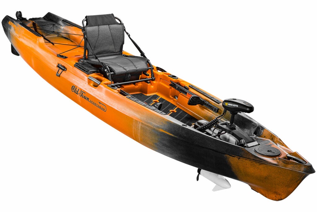 An orange and black fishing canoe.
