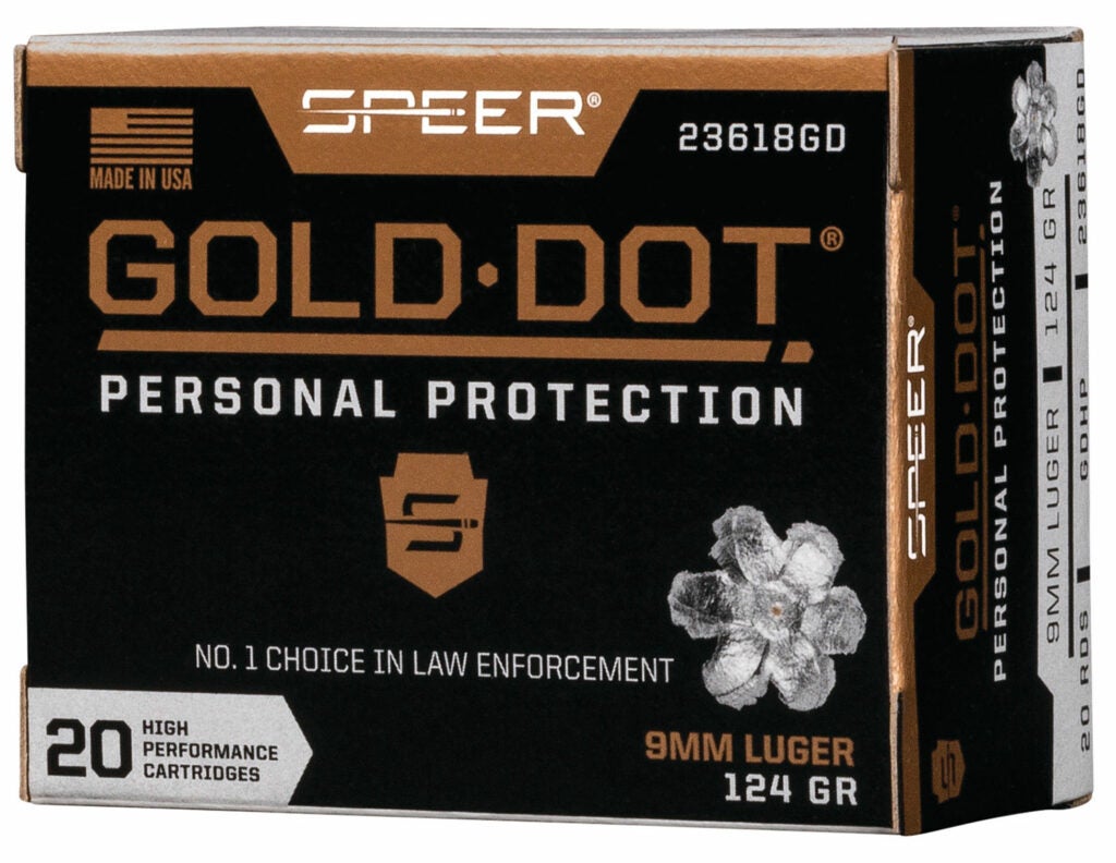 A box of speer gold dot personal protection ammunition