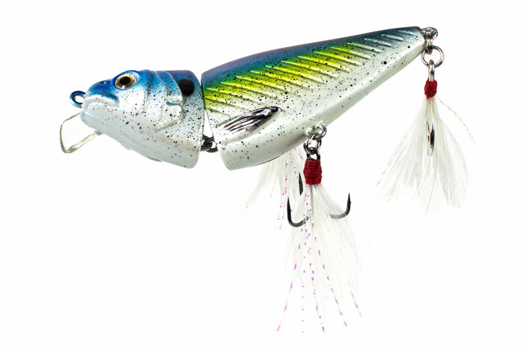 A silver, blue and green fishing lure.