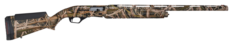 A side profile of a camoflauge painted shotgun.