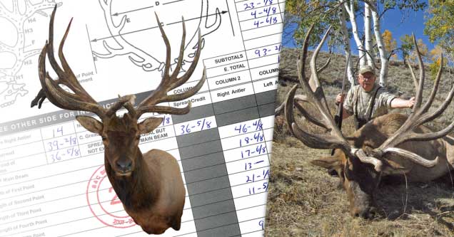 Side-by-side image of a mountain with deer antlers and a hunter.