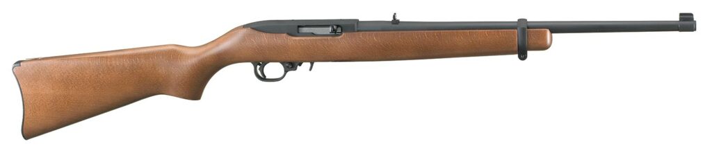 A brown wood and metal rimfire rifle on a white background.