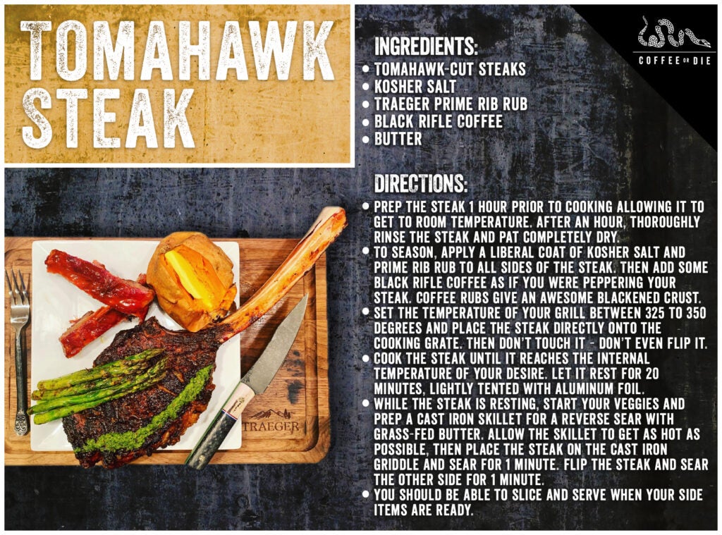 A recipe card for Tomahawk Steaks.
