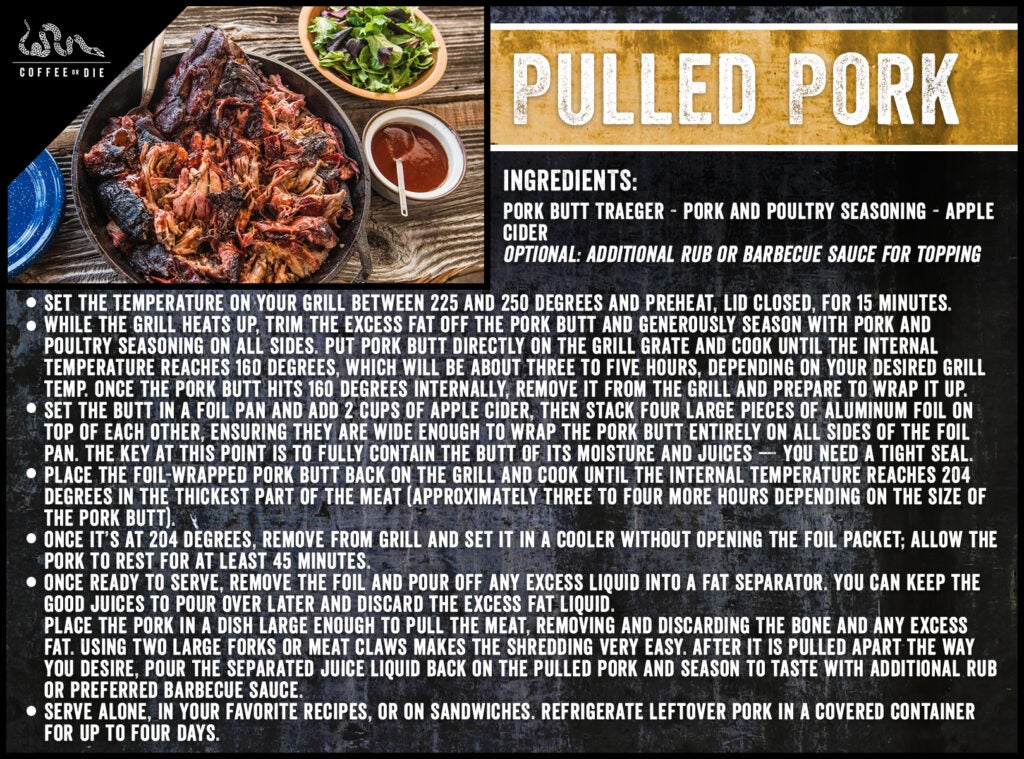 A recipe card for pulled pork.
