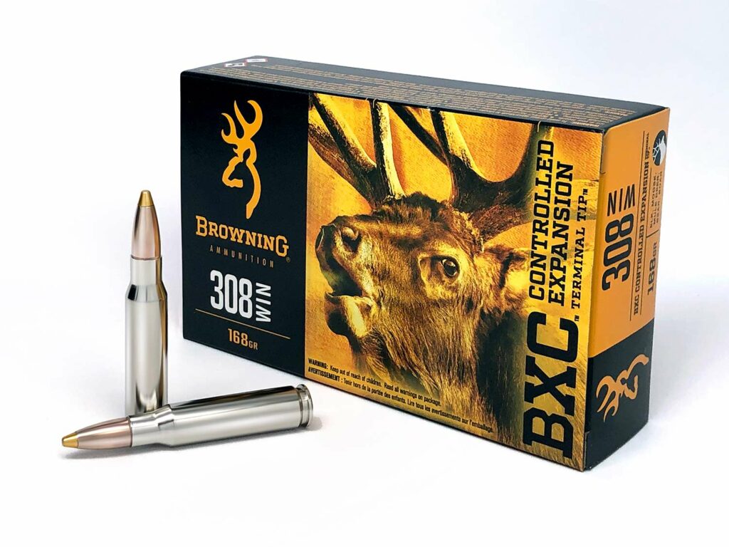 A box of Browning BXC rifle ammunition on a white background.