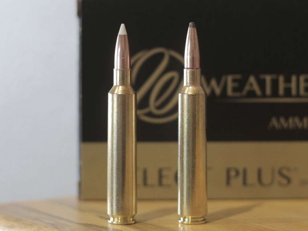 Two brass rifle casings on a table with a box of ammunition in the background.