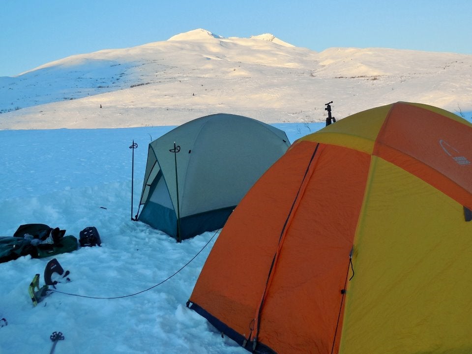 Camping tents in the snow.