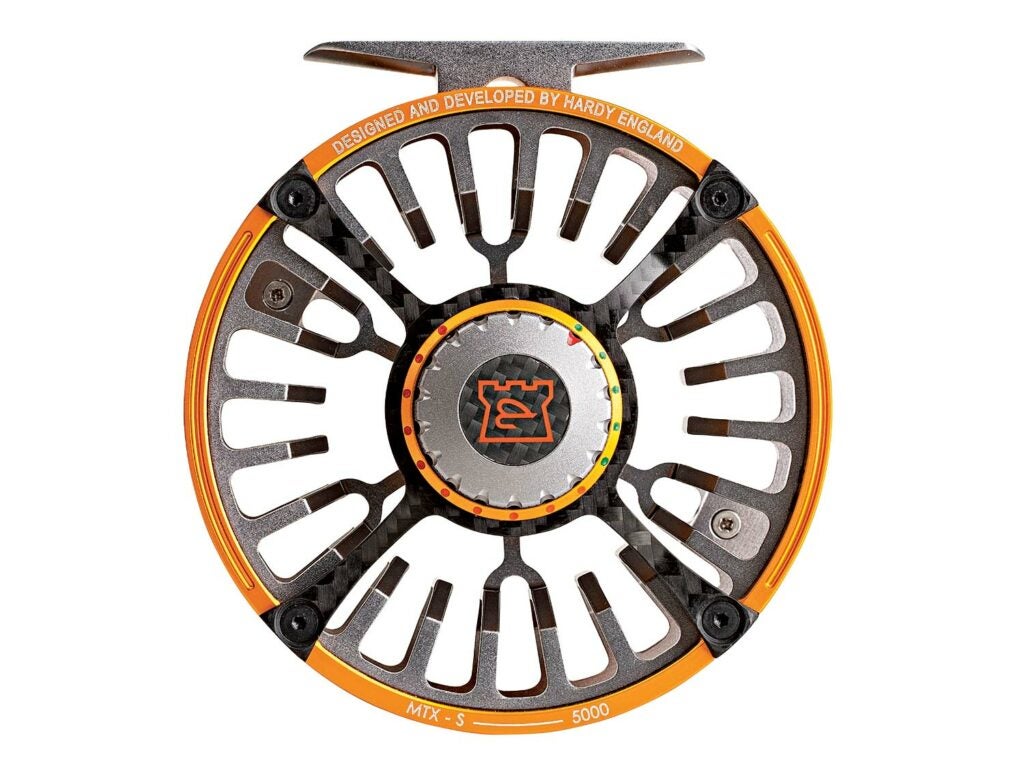 A Hardy Ultralight MTX-S Fly Reel in Orange annd Grey on a white background.