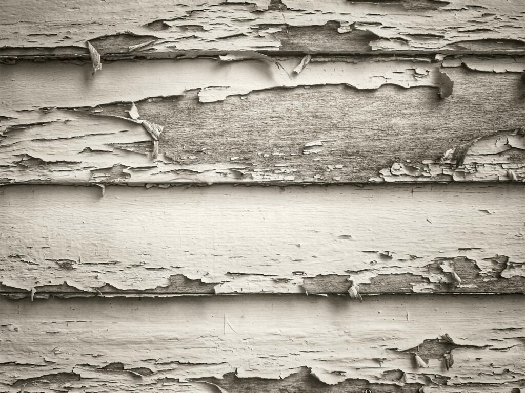 Closeup details of paint peeling from wooden panels on the side of an old house.