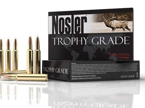 A Nosler Trophy Grade box of ammo on a white background.
