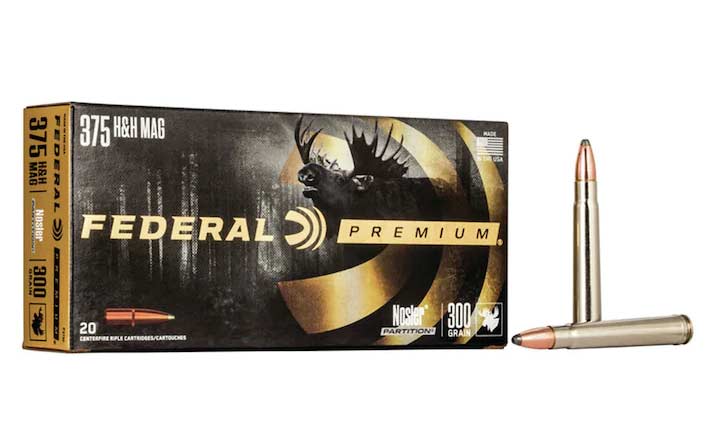 A box of Federal Premium 375 HH Mag ammunition.