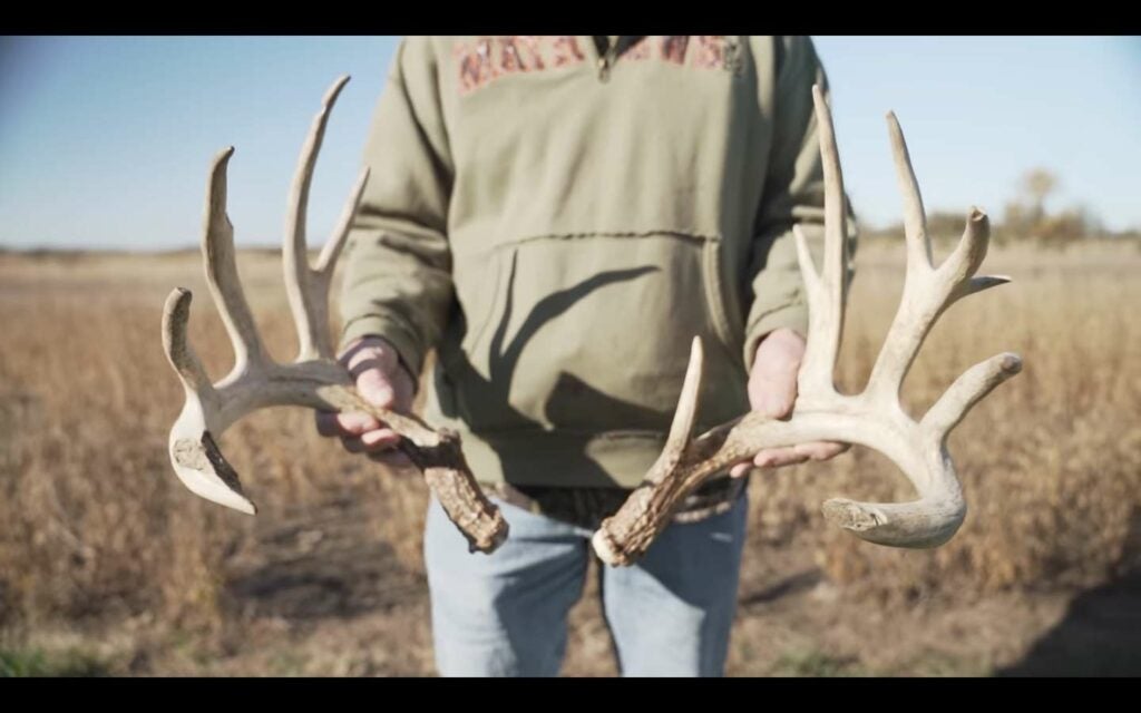 A hunter holds up two whitetail deer antlers.