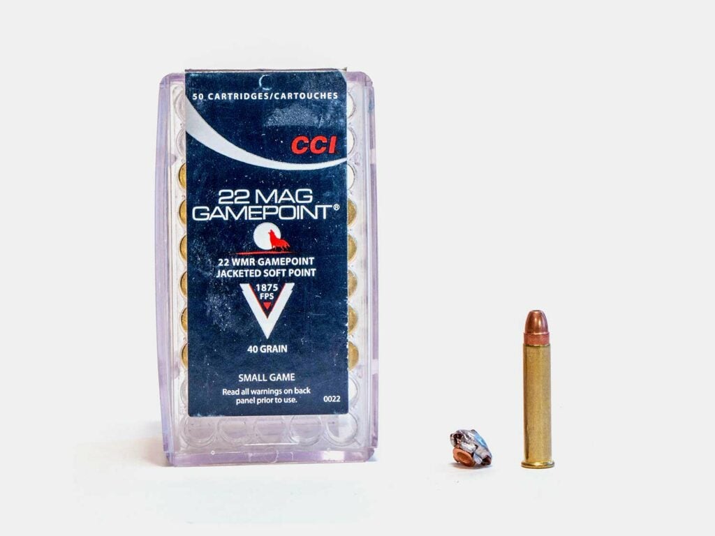 A box of CCI 22 Magnum GamePoint ammo on a white background.