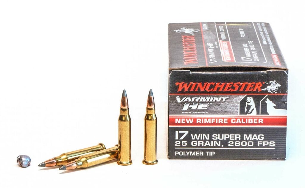 A box of Winchester 17 Winchester Super Mag ammunition.