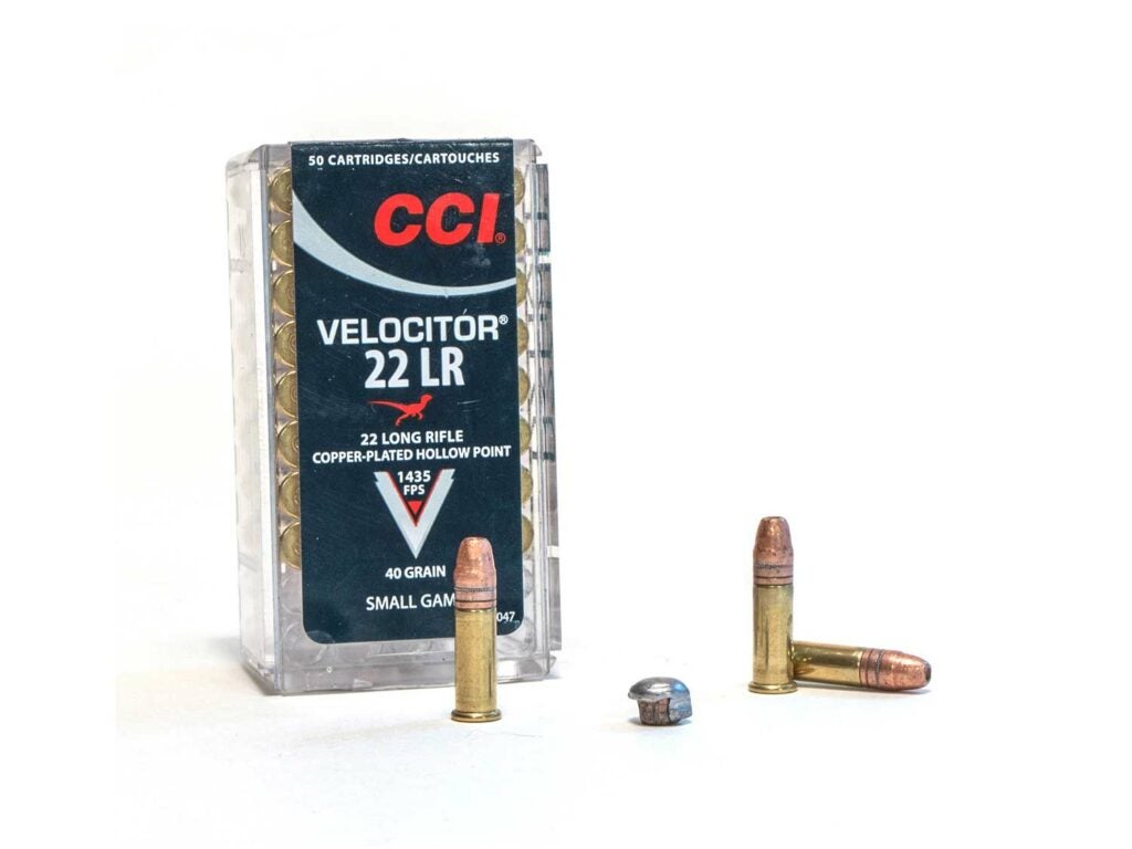 A box of CCI Velocitor 22 LR ammunition on a white background.