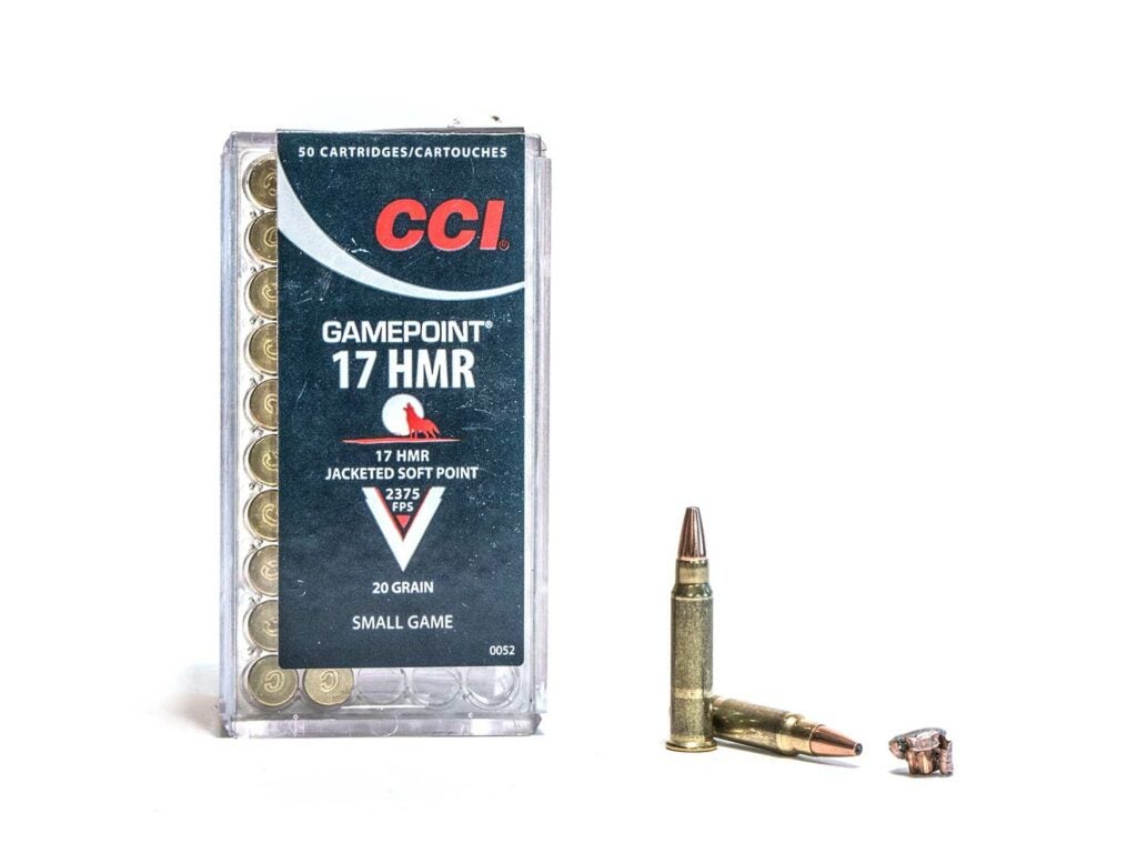 A box of CCI GamePoint 17 HMR ammo on a white background.